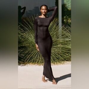 SKIMS Sheer Modal Long Sleeve Maxi Dress – Onyx – Size M NWT